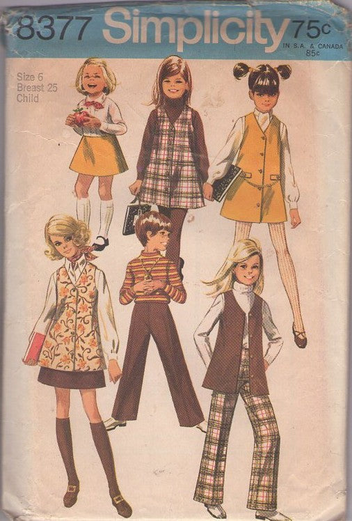 Simplicity 8377 Vintage 60's Sewing Pattern Girl's Separates, Brady Bunch Retro Mix & Match Jumper Dress, Vest, Mini Skirt & Pants Size 7