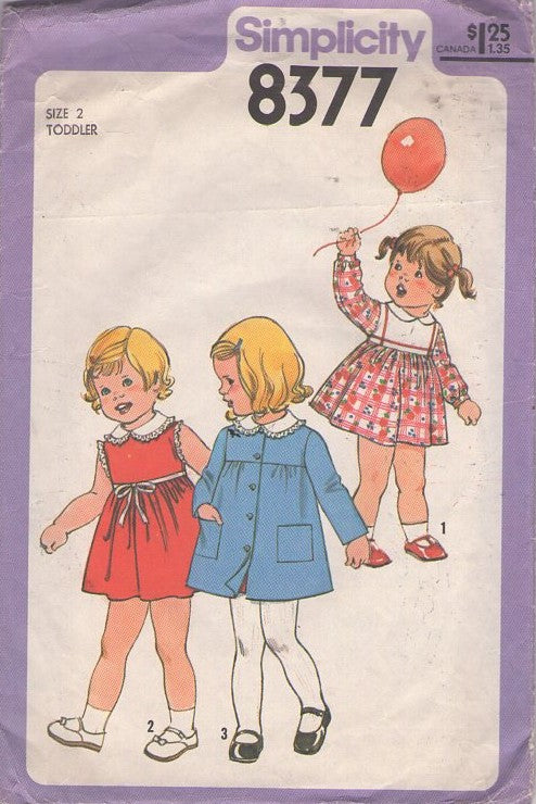 Simplicity 8377 Vintage 70's Sewing Pattern Girl's Dress & Coat, Toddlers' Yoked High Waist Dress, Button Front Coat with Pockets Size 2