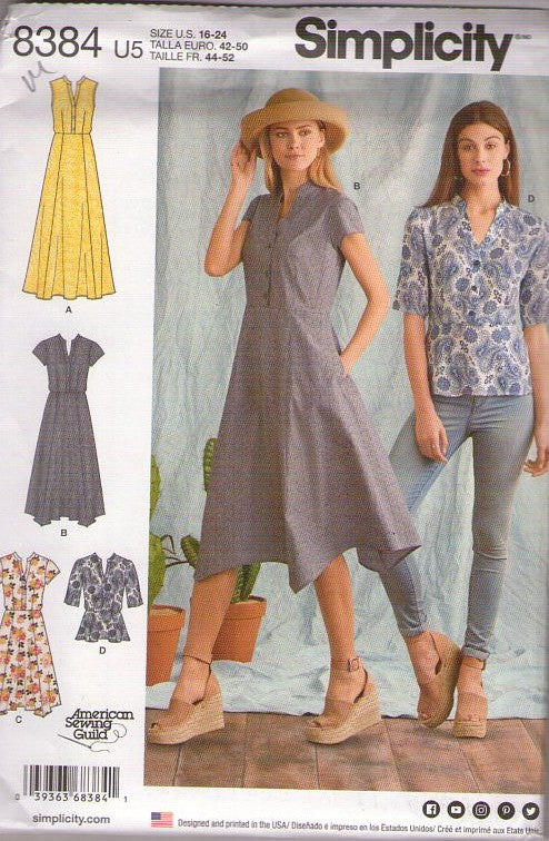 Simplicity 8384 Retro 2017 Sewing Pattern Summer Dress, Blouse Set, Shirtwaist Buttons Top, 4 Styles Size 16-24