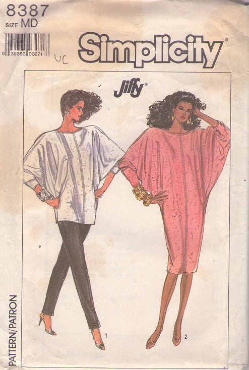 Simplicity 8387 Vintage 80's Sewing Pattern Tube Dress, Pants, Top, New Wave Jiffy Dress, HUGE Batwing Dolman Sleeve Wings, Tunic or Dress & Pants Size M