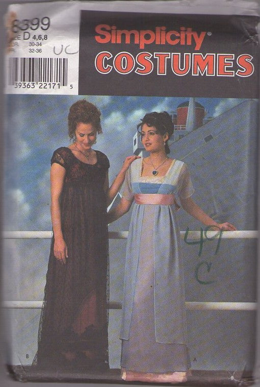 Simplicity 8399 0673 Retro 90's Sewing Pattern Titanic Jump Dress Costumes, Rose, Flying Gown, Edwardian Lace, Empire Waist Evening Frocks Size 4-8