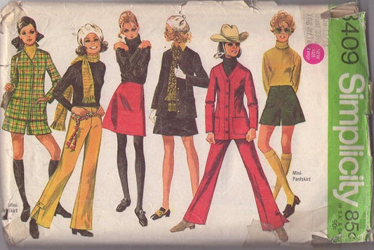 Simplicity 8409 Vintage 60's Sewing Pattern Mod Separates, Flared Shorts, A-Line Mini Skirt, Jacket Top & Buckle Tab Trim Bell Bottom Pants Size 13/14