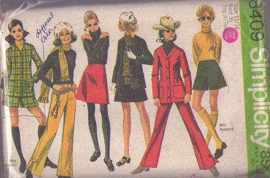 Simplicity 8409 Vintage 60's Sewing Pattern Mod Separates, Flared Shorts, A-Line Mini Skirt, Jacket Top & Buckle Tab Trim Bell Bottom Pants Size 15/16