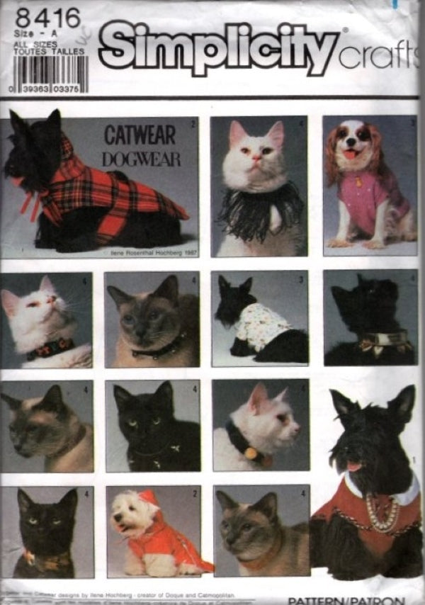 Simplicity 8416 Vintage 80's Sewing Pattern Pet Collars and Costumes, Catwear, Dogwear, Designs by Rene Rosenthal Hochbert OZ