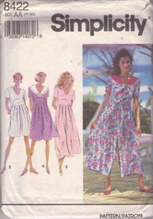 Simplicity 8422 Vintage 90's Sewing Pattern Garden Party Jumpsuit, It's A Dress NO IT'S PANTS, Cottagecore Romantic V Neck Split Skirt Culottes Romper, Jumpsuit Size P-M