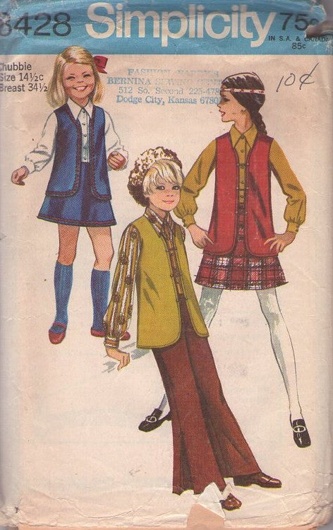 Simplicity 8428 Vintage 60's Sewing Pattern Girl's Separates, Brady Bunch Toggle Vest, A-Line Mini Skirt, Bell Bottoms Pants Size 14.5