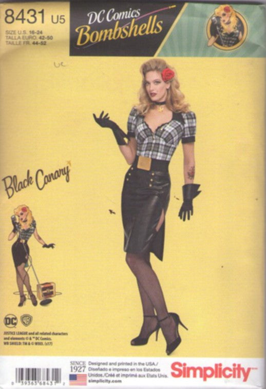 Simplicity 8431 Retro 2017 Sewing Pattern Cosplay Costumes, DC Comics Bombshells 40s Black Canary Pinup Girl Costume, Blouse, High Waist Skirt, Belt, Glove Cuffs Size 16-24