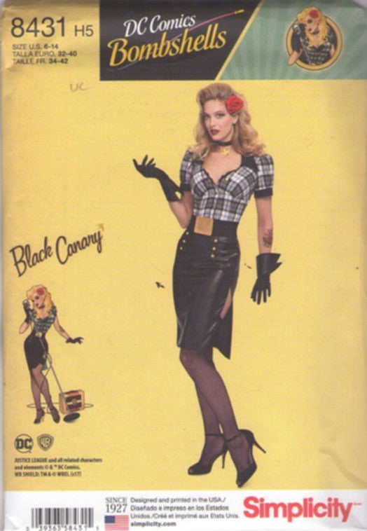 Simplicity 8431 Retro 2017 Sewing Pattern Cosplay Costumes, DC Comics Bombshells 40s Black Canary Pinup Girl Costume, Blouse, High Waist Skirt, Belt, Glove Cuffs Size 6-14