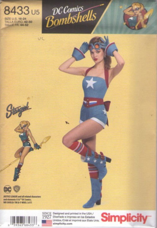 Simplicity 8433 Retro 2017 Sewing Pattern Cosplay Costumes, DC Comics Official Bombshell Justice League Stargirl Halter Top Pinup Romper, Belt, Shoe Covers, Cuff Gloves Size 16-24