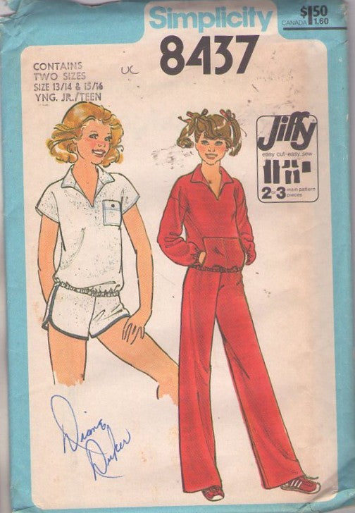 Simplicity 8437 Vintage 70's Sewing Pattern Teen Girls' Gym Separates, Jiffy Kangaroo Pocket Top, Shirt, Side Bands Shorts, Pants Size 13/14-15/16