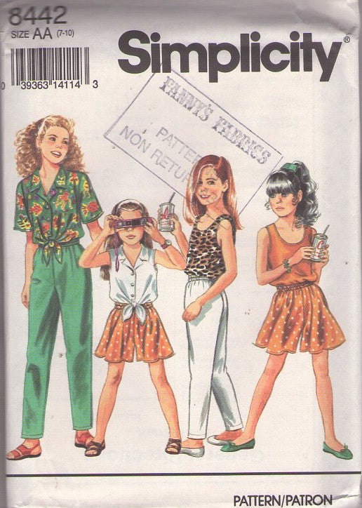 Simplicity 8442 Vintage 90's Sewing Pattern Girl's Summer Separates, Blouse, Flared Shorts, Leggings, Pants Size 7-10