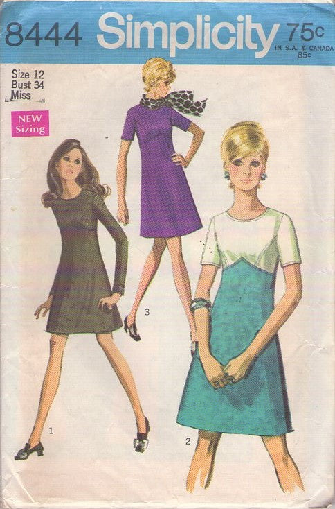 Simplicity 8444 Vintage 60's Sewing Pattern Mod Dresses, Twiggy Looks, Shaped High Waist 1 or 2 Tone Fabric Fit & Flared Party Dress 3 Styles Size 12