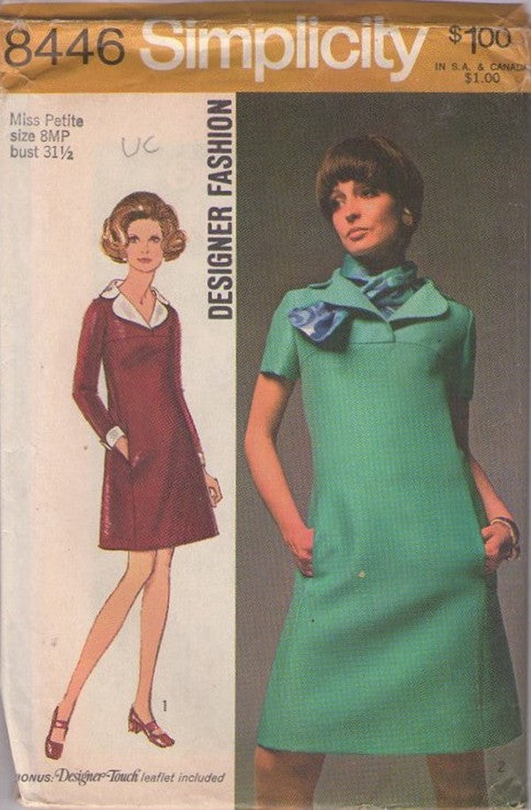 Simplicity 8446 Vintage 60's Sewing Pattern Mod Dress Set, Designer Fashion Retro Pan Am Stewardess Style High Yoked Dress, Hidden Front Pockets, Scarf Tuck Collar Size 8MP