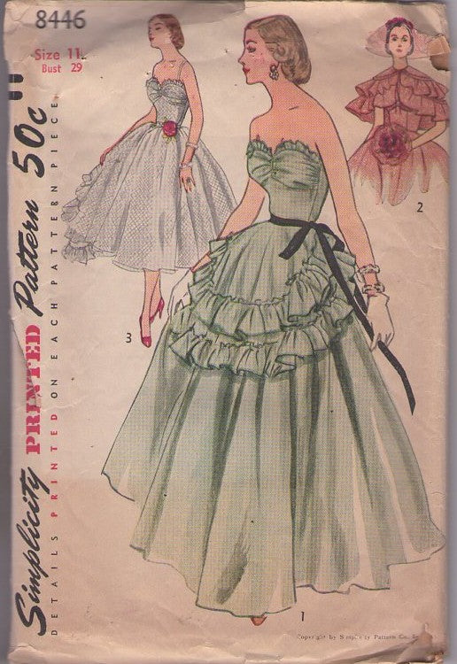 Simplicity 8446 Vintage 50's Sewing Pattern Petite Cream Puff Bouffant Shirred Strapless Bust Prom Dress, Wedding Gown, Southern Belle Evening Double Ruffled Apron or Cap MUST SEE Size 11