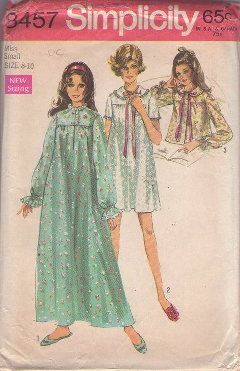 Simplicity 8457 Vintage 60's Sewing Pattern Mod Nightgowns, Long Winter Flared Nightgown, Short Summer Gown, Bed Jacket Robe Size S