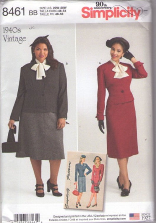 Simplicity 8461 Discontinued 2017 Sewing Pattern Retro 1940s Suit, Vintage Repro Afternoon Walking Suit, Jaunty Blazer Suit Jacket, Flim or Flared Skirt & Tie Collar Dickey Size 20W-28W