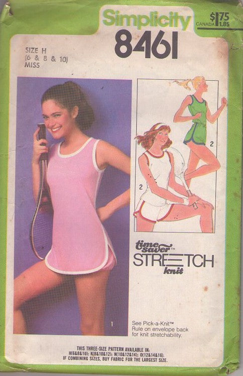 Simplicity 8461 Vintage 70's Sewing Pattern Summer Separates, Old School Gym Band Trim Pullover Tank Top, Micro Mini Tunic Dress & Bloomers or Shaped Sides Shorts Size 6-10