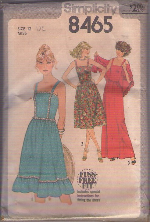 Simplicity 8465 Vintage 70's Sewing Pattern Cottagecore Sun Dress, Summer Disco Maxi Gown, Shawl, Size 12