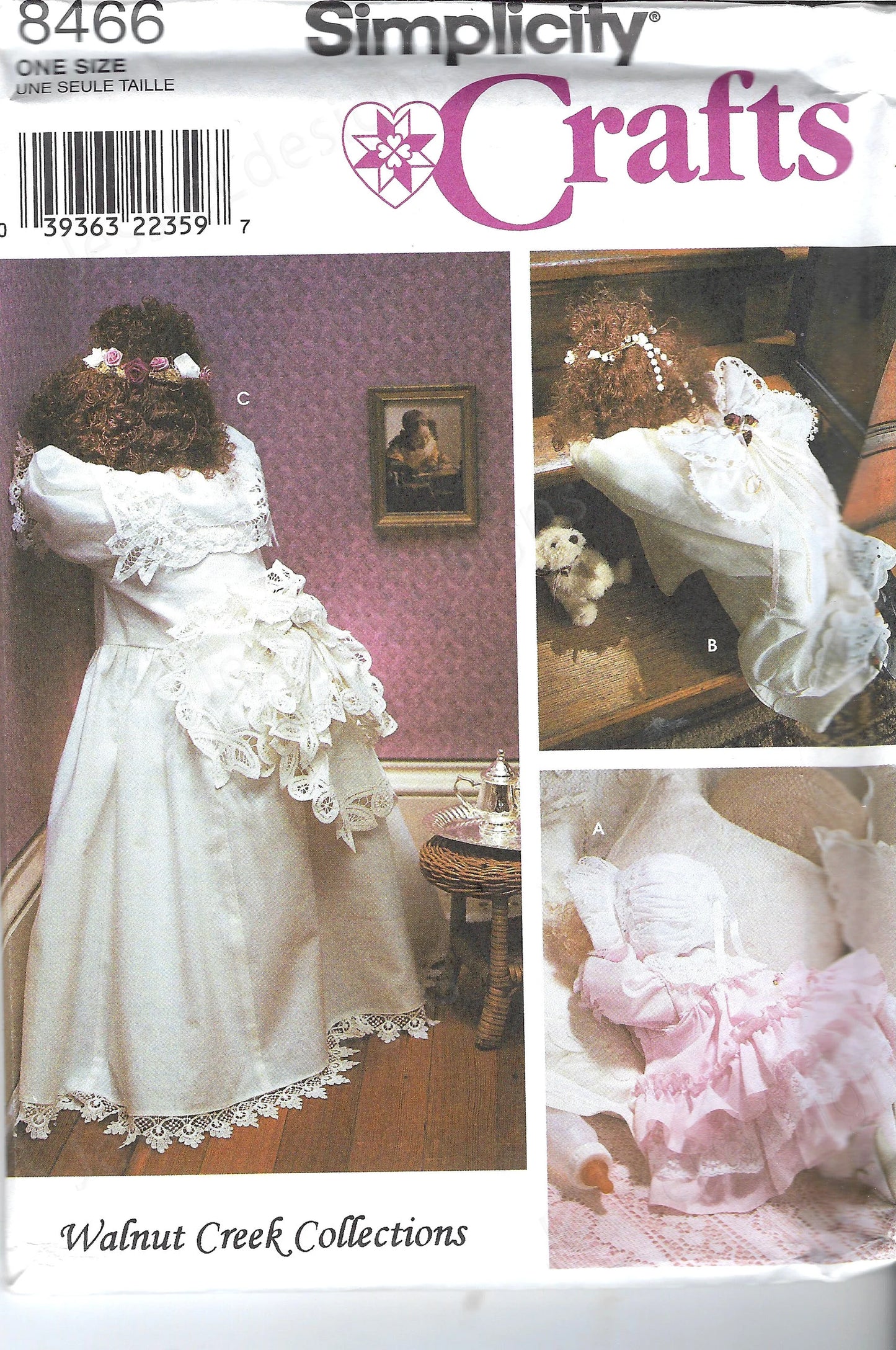 Simplicity 8466 Retro 90's Sewing Pattern Doll Crafts, Walnut Creek Collections Frilly Dress Time Out Dolls, 3 Sizes, Bridal, Angel, Infant Baby