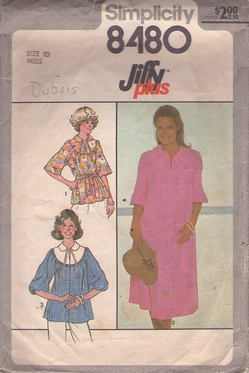 Simplicity 8480 Vintage 70's Sewing Pattern Jiffy Plus Separates, Pullover Scoop Yoked Flared Blouse, Top, Dress Size 10