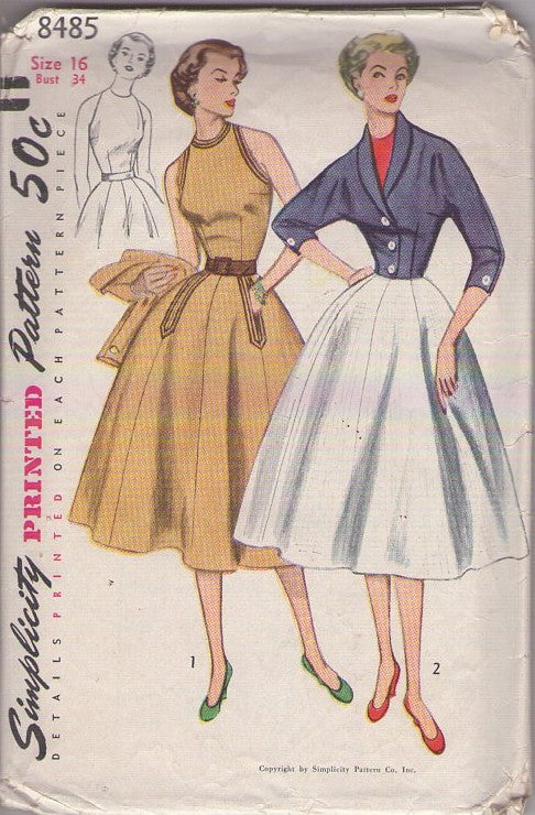 Simplicity 8485 Vintage 50's Sewing Pattern Lucy Dress Separates, Bare Shoulder Blouse Top, Gored Skirt, Shawl Collar Batwing Jacket Size 16