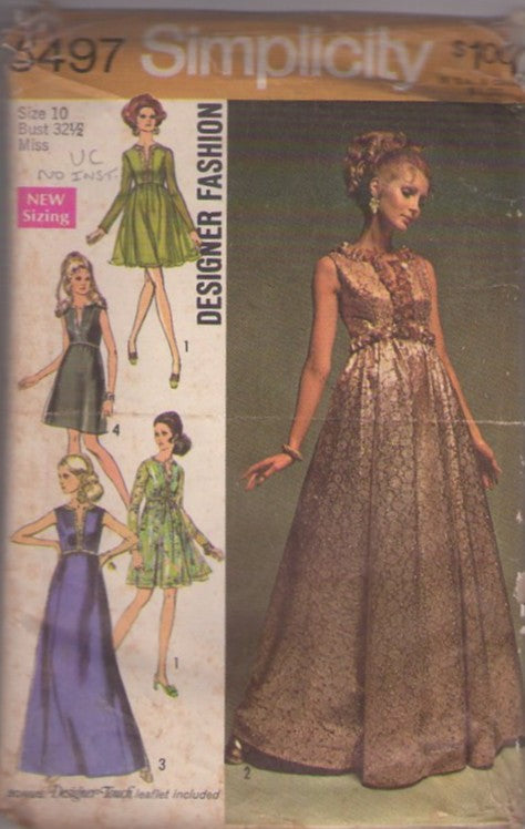 Simplicity 8497 Vintage 60's Sewing Pattern Mod Formal, Designer Fashion Elegant Long Evening Gown, Sheer Overskirt Cocktail Party Dress, 5 Styles Size 10 NO INSTRUCTIONS
