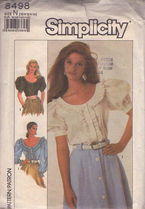 Simplicity 8498 Vintage 80's Sewing Pattern Prairie Blouse, Western, Romantic Garden Party, Scoop Neck, Ruffles, Puff or Balloon Sleeves 3 Styles Size 10-12