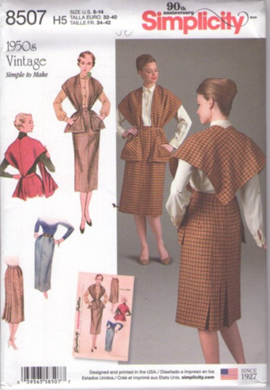 Simplicity 8507 Discontinued 2017 Sewing Pattern Repro 50s Outfit, 1951 Vintage Simple to Make Rear Pleats Sheath Skirt, Shawl, Stole Cover Up Size 6-14