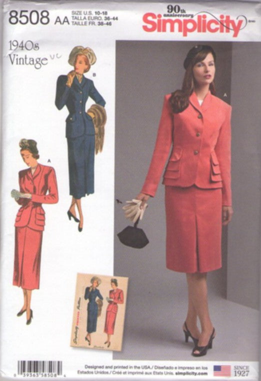 Simplicity 8508 Discontinued 2017 Sewing Pattern Retro 40s Suit Dress, Repro Vintage 1940s Walking Suit, Triple Flaps Pocket Jacket, Over Hips Jacket, Skirt Size 10-18