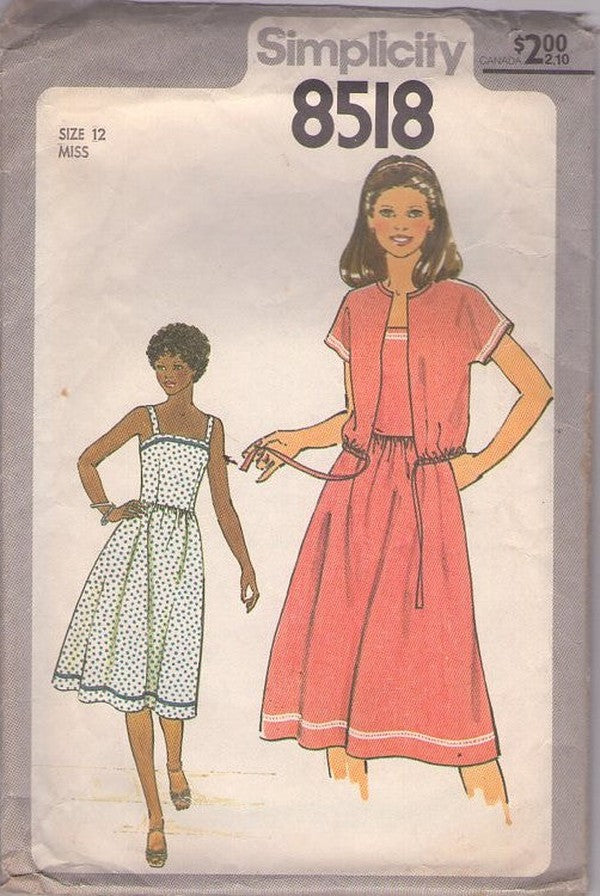Simplicity 8518 Vintage 70's Sewing Pattern Sun Dress, Drawstring Jacket, Summer Ensemble Size 12
