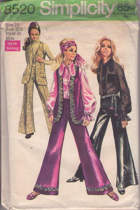 Simplicity 8520 Vintage 60's Sewing Pattern Disco Pantsuit, Dog Ear Droopy Collar Button Up Balloon Sleeve Blouse, Shirt, Bell Bottom Flared Pants, Long Tunic Vest Size 10