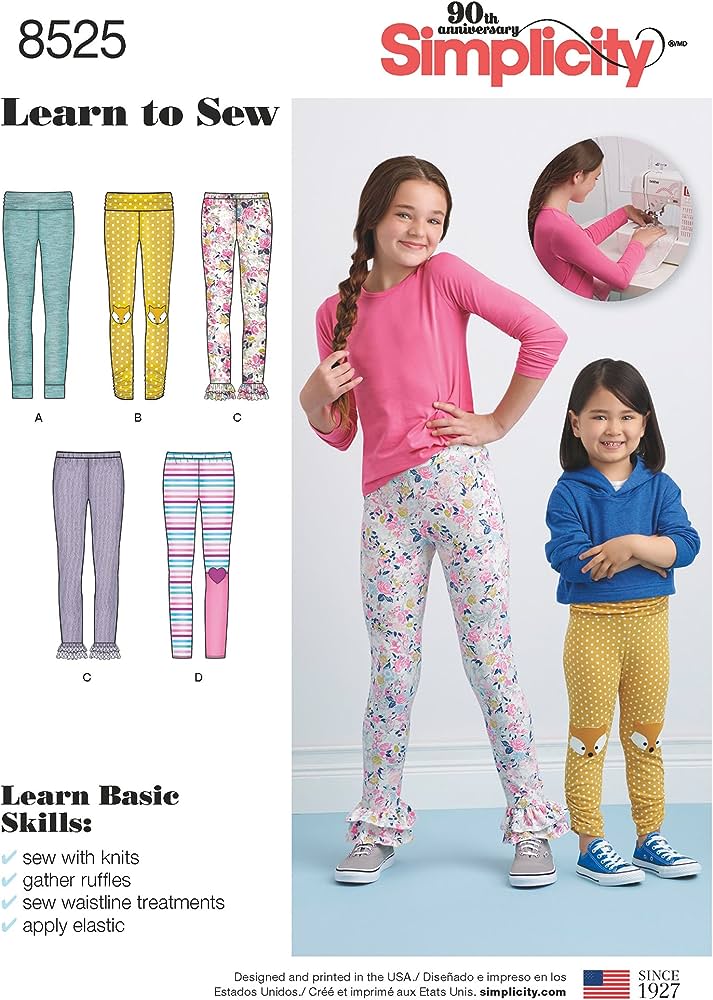 Simplicity 8525 Retro 2017 Sewing Pattern Girl's Knits, Pull On Leggings, Learn to Sew Knits, Ruffles, Work with Elastic Size 3-6