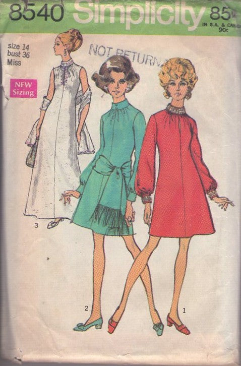 Simplicity 8540 Vintage 60's Sewing Pattern Mod Gowns, Hostess Evening Maxi Gown, Gathered Fit & Flared Center Seam Day Dress, Fringe Sash Scarf, Belt Size 14