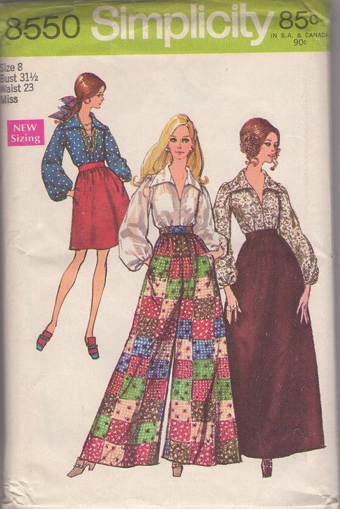 Simplicity 8550 Vintage 60's Sewing Pattern Hostess Palazzo Pants, Wing Collar Blouse, Bell Shaped Short & Maxi Skirt Size 8 CUT