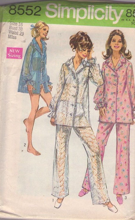Simplicity 8552 Vintage 60's Sewing Pattern Mod Pajamas, Bra, Panties, Sheer Lace or Print Blouse Top, Peignoir Shirt, Pants, Pantsuit, 3 Styles Size 16