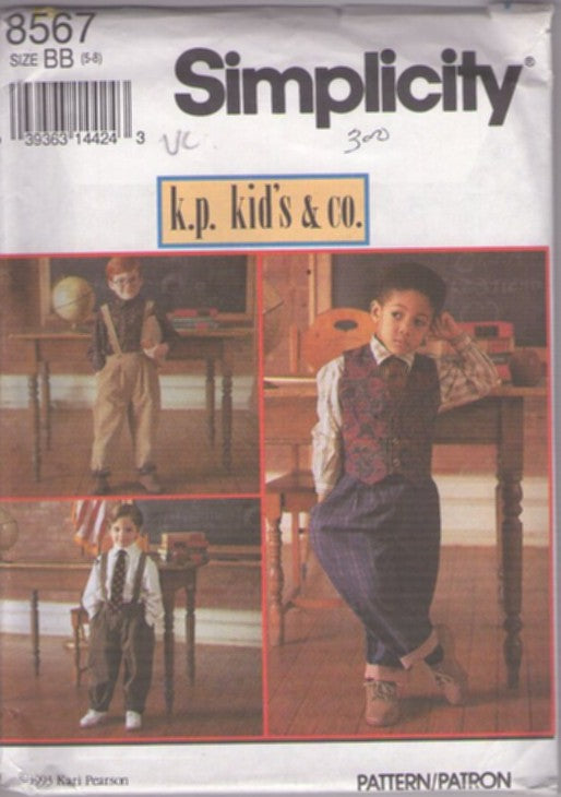 Simplicity 8567 Vintage 90's Sewing Pattern Boys' Suit Separates, KP Kids & Co, Peaky Blinders, Steam Punk, Old Time 20s Look Pleated Suspender Pants, Vest, Dress Shirt, Neck Tie Size 5-8