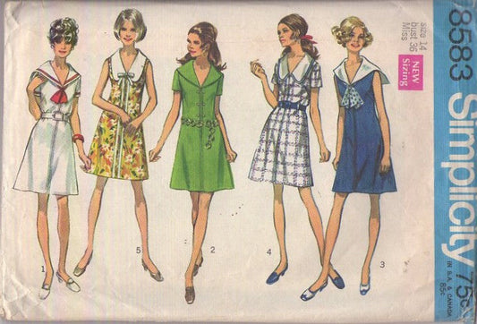Simplicity 8583 Vintage 60's Sewing Pattern Mod Dress Set, Twiggy Shaped or Sailor Collar A-Line Secretary Day Dress Set, 5 Styles Size 14