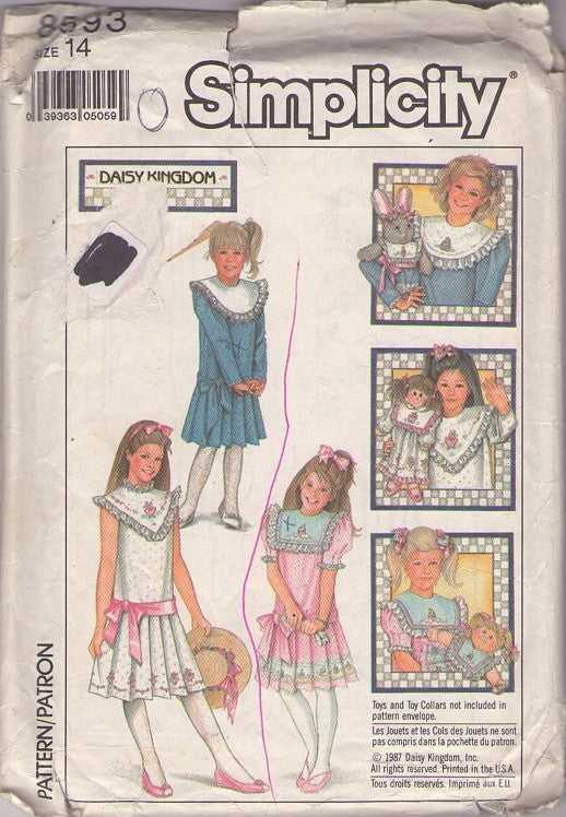 Simplicity 8593 Vintage 80's Sewing Pattern Girl's Dress, Daisy Kingdom Set, Victorian Style Drop Waist Pleated Border Print Party Dress, Matching Doll Dress, Collars Size 14
