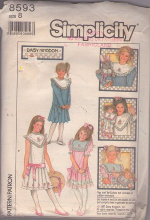 Simplicity 8593 Vintage 80's Sewing Pattern Girl's Dress, Daisy Kingdom Set, Victorian Style Drop Waist Pleated Border Print Party Dress, Matching Doll Dress, Collars Size 8