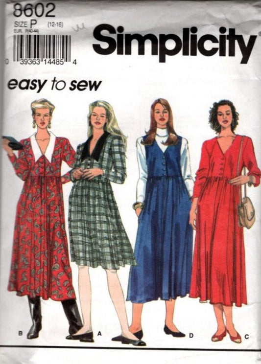 Simplicity 8602 Vintage 90's Sewing Pattern Easy to Sew Modest Cottagecore Dress, School Teacher Denim Jumper, 4 Styles Size 12-16