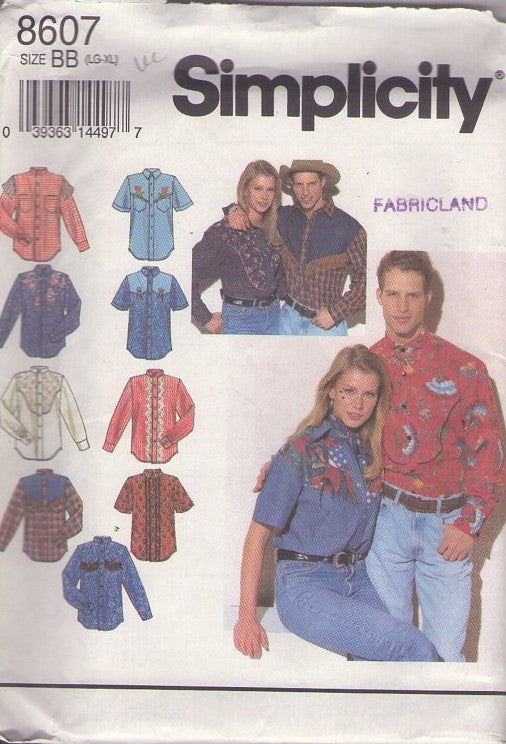 Simplicity 8607 Vintage 90's Sewing Pattern Men's & Women's Unisex Shirt, Western, Wearable Art, Button Ups Size L-XL
