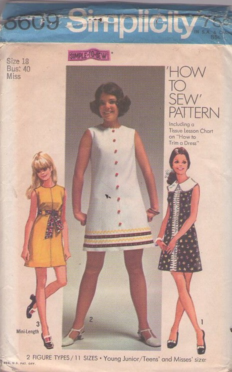 Simplicity 8609 Vintage 60's Sewing Pattern Mod Summer Dresses, Easy How to Sew Lolita Flared A-Line Dress, 3 Styles Size 18