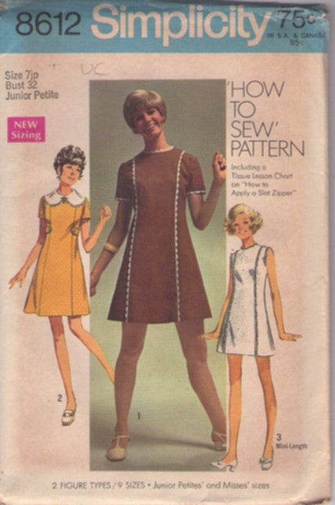 Simplicity 8612 Vintage 60's Sewing Pattern Mod Dress Set, Easy How to Sew, Panel Cut A-Line Mini Dress, 3 Styles Size 7JP