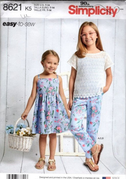 Simplicity 8621 Retro 2018 Sewing Pattern Girls' Easy to Sew Summer Sun Dress, Lacy Blouse Top, Pants Size 7-14
