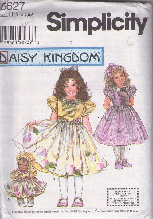 Simplicity 8627 Vintage 90's Sewing Pattern Girl's Party Dress, Apron Daisy Kingdom Puff Sleeve Dresses, Apron, Cottagecore, Matching Bonus 13 Doll Outfit Size 3-6"