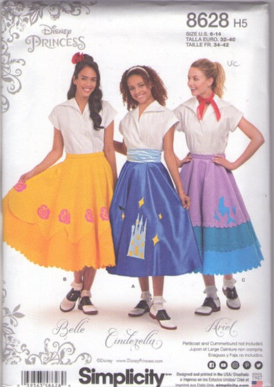 Simplicity 8628 Retro 2018 Sewing Pattern Disney Costumes, When You Wish Upon A Star, Princess, 50s Poodle Skirt 3 Styles Belle, Ariel, Cinderella Disney World Applique Size 6-14