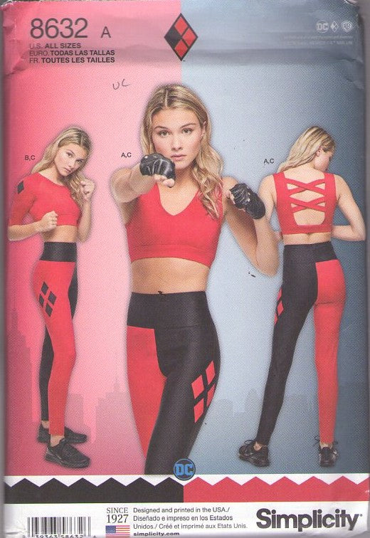 Simplicity 8632 Retro 2018 Sewing Pattern Cosplay Costumes, Vixen Batman Harley Quinn Theme Marathon Running, Work Out Stretch Leggings, Bra Top, Cropped Shirt All Sizes XS-XL