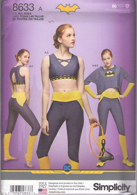 Simplicity 8633 Retro 2018 Sewing Pattern Cosplay Costumes, Wicked DC Comics Batgirl Superhero Stirrup Pant Faux Boots Stretch Leggings, Bra Top, Shaped Batwing Crop Top All Sizes XS-XL