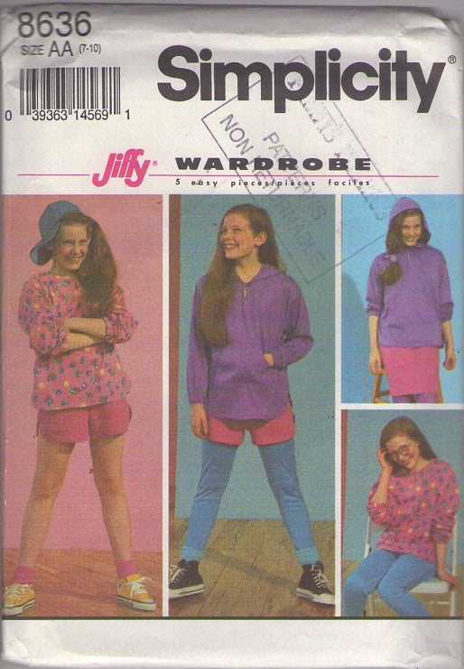 Simplicity 8636 Vintage 90's Sewing Pattern Girl's Jiffy Wardrobe, 5 Easy Pieces, Hoodie Jacket, Top, Sorts, Leggings Size 7-10