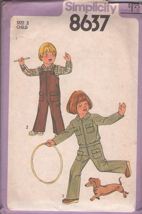 Simplicity 8637 Vintage 70's Sewing Pattern Boys' & Girl's Overalls, Rugged Playwear, Button Straps Front Zippered Overalls, Coveralls, Corduroy Jacket Size 3